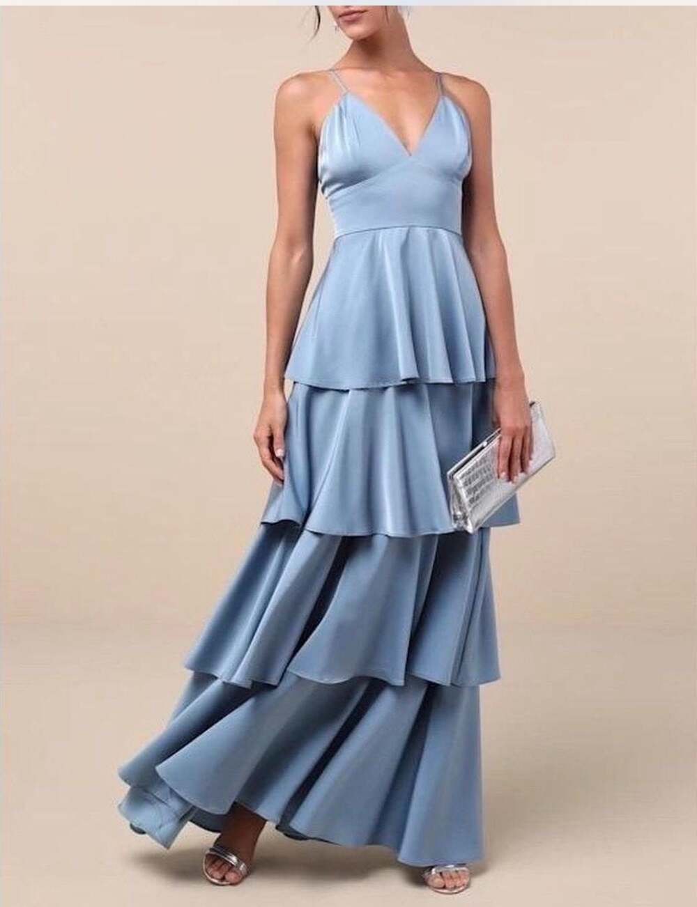 Lulus Slate Blue Tiered Satin Maxi Dress BRAND NEW no tags